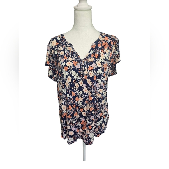 Liz Claiborne Tops - Liz Claiborne Blue and Pink Cap Sleeve V-neck Rayon Summer Pullover Large